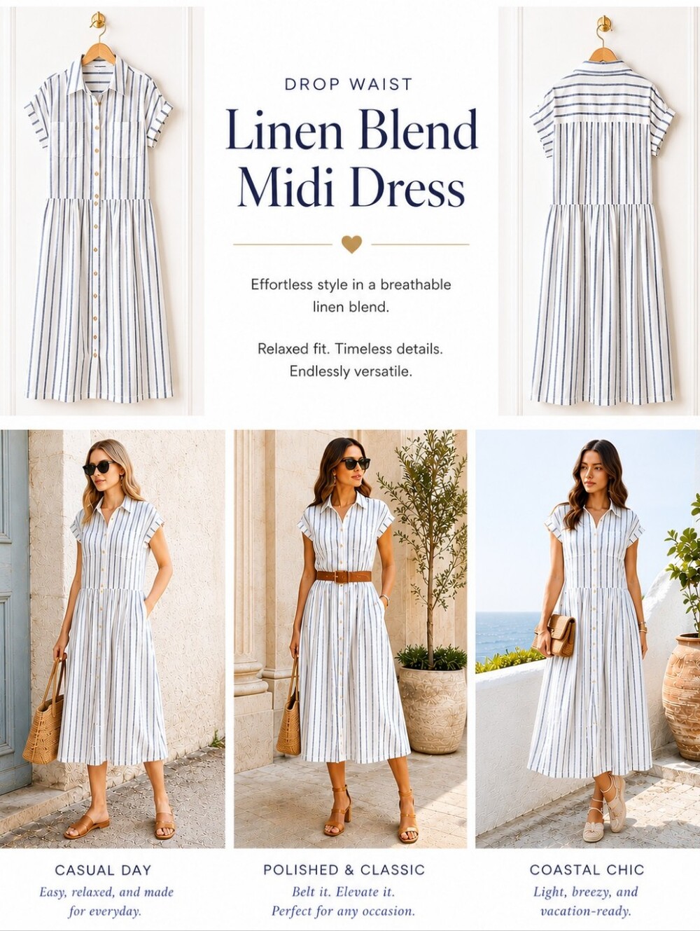 Universal Thread | Blue Pinstripe Linen Blend Drop Waist Midi Dress | Size Small - Picture 3 of 8